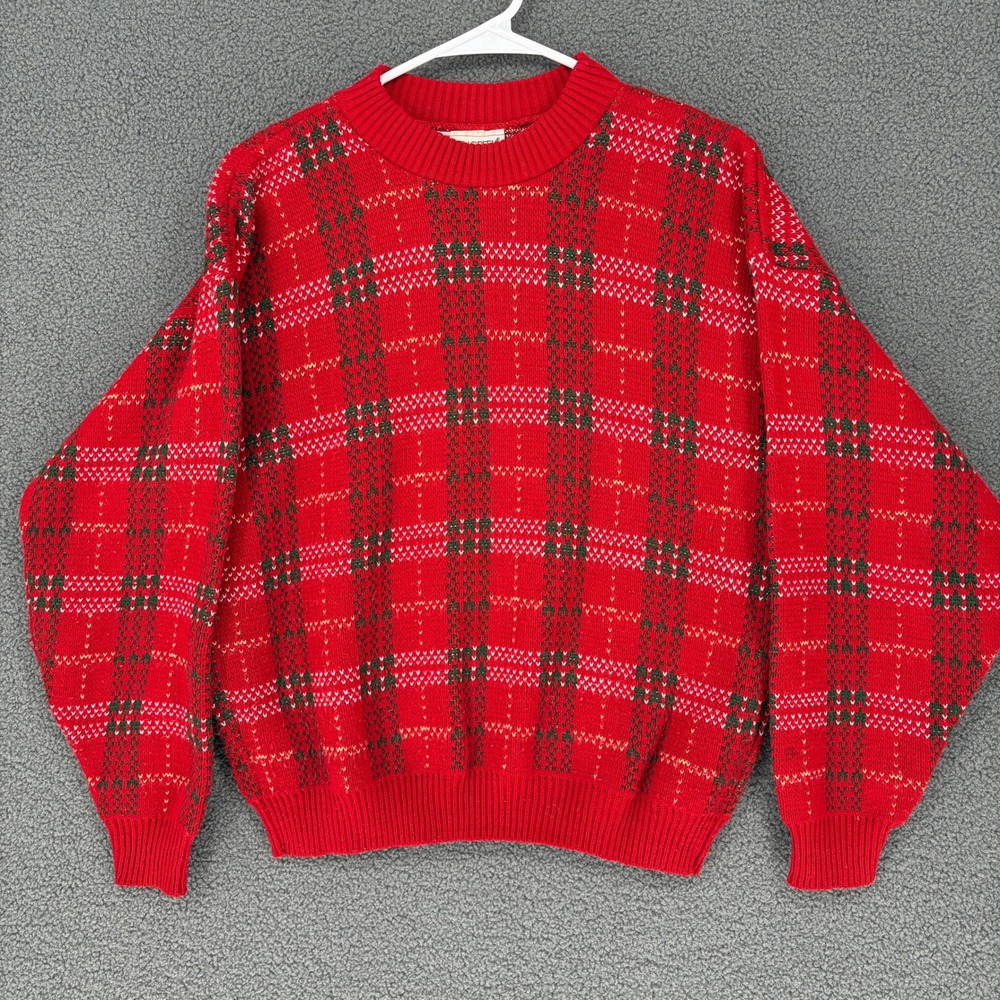 Cabin Creek Vintage Plaid Knit Sweater Red Green Crewneck Long Sleeve Mens L